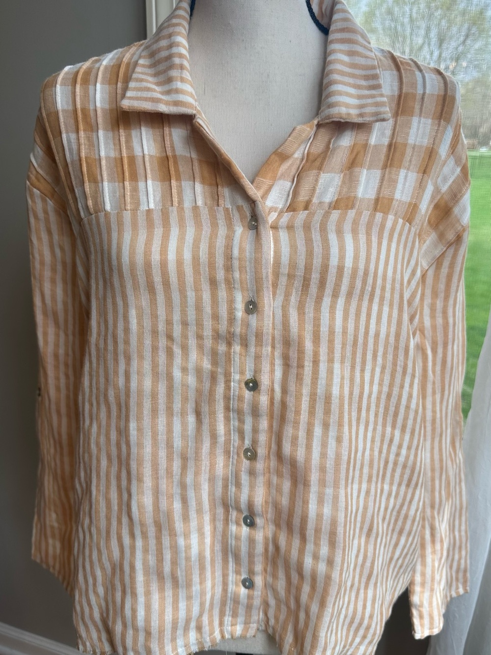 Sage the Label mixed print Button down Shirt raw hem Adjustable sleeves Small